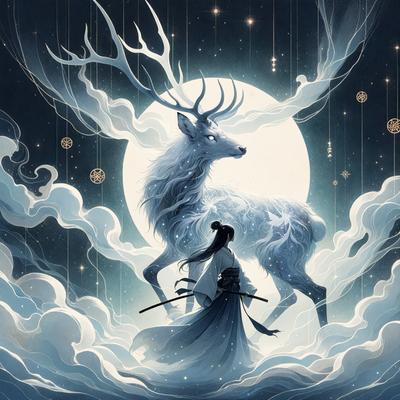 The primary subject of the image is a person, possibly a woman, standing in front of a deer. The scene takes place in a nighttime setting, with a moon visible in the background. The visual style of the image is a combination of digital art and illustration, creating a surreal and dreamy atmosphere. The colors in the image are predominantly blue and white, with the deer having a white and blue color scheme. The overall mood of the image is serene and contemplative, with the person and the